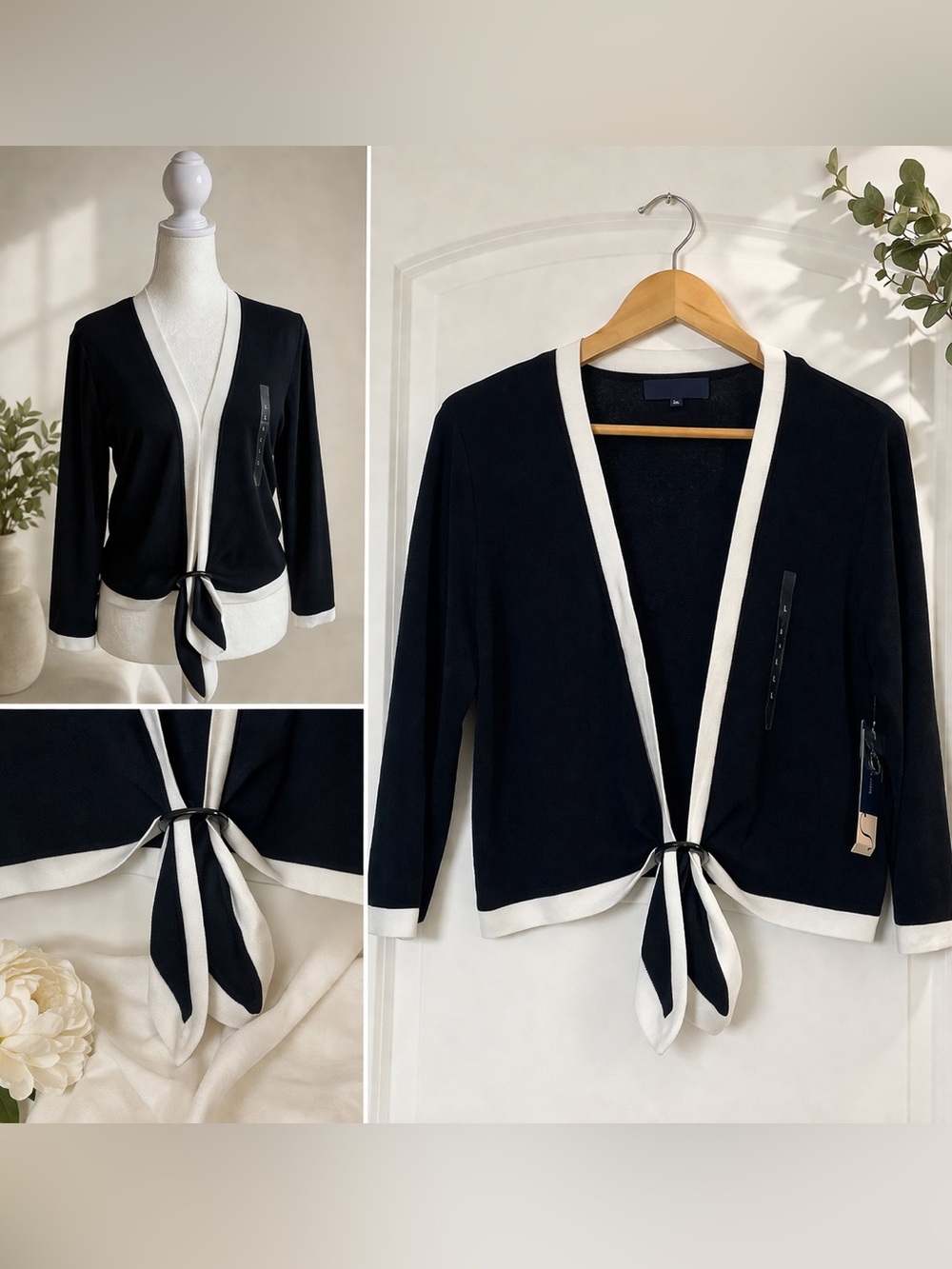 Jones New York Tie Front Cardigan Black White Trim L NWT Classic